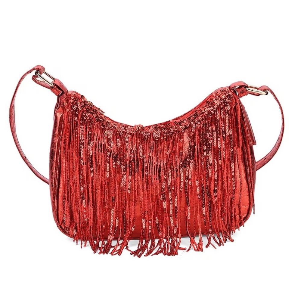 Red Sequin Fringe Shoulder Bag New